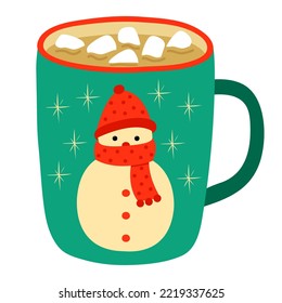 Green Christmas mug with cocoa, coffee and marshmallows. Snowman silhouette. Hot drink in a cup. Simple, modern, flat style. Symbol of holiday, winter, fun, warmth, comfort, love, home, family.