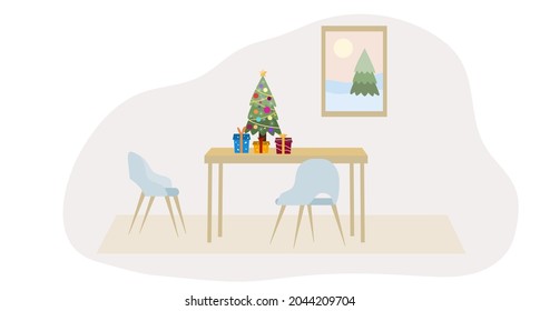 Green Christmas, New Year tree with toys and gifts in the interior.