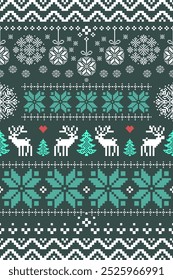 Green Christmas and New Year. Green and white seamless ethnic pattern. Christmas ethnic pixel pattern with Nordic snowflakes, green pine trees, hearts and baubles for winter hats, sweaters and jumper.