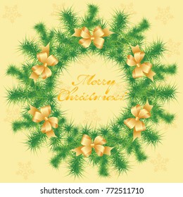 The green Christmas and New Year wreath decorated with big gold bows. Graceful background with snowflakes. There is a wish of Merry Christmas. Any author's text can be used. Elegant Christmas card.