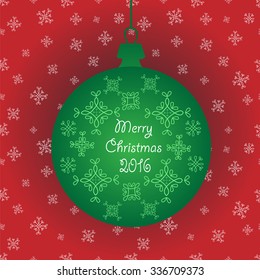 Green christmas ornament ball xmas decorations with snowflakes on red background Holiday Design for New Year Greeting Cards, Posters and Flyers. Vector. 2016