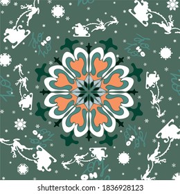 Fondo del patrón de Navidad verde con patrón de copo de nieve y Santa Claus e inscripción