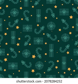 Green Christmas pattern with gifts, stars and candies