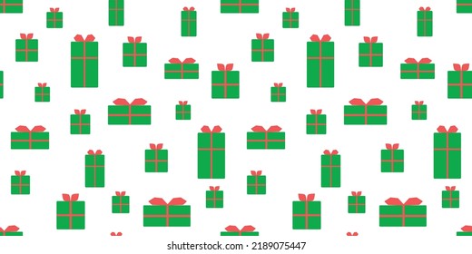 green christmas pattern, on white background, christmas gifts with red bows
