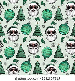 Green Christmas Pattern with Santa and Trees. Seamless Holiday Pattern with Ornaments and Evergreens