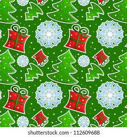 green christmas pattern with snowflakes, Christmas tree and gift in a box