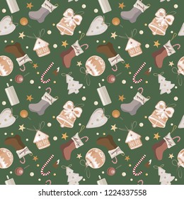 Green christmas pattern with socks and gingerbread