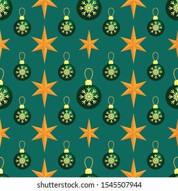 Green Christmas pattern with stars and balls