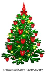 Green christmas pine tree decoration symbol holiday new year. Vector cartoon illustration isolated on white