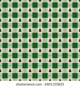 Green Christmas plaid seamless pattern with Christmas tree. Cozy winter checkered repeat background. Vector winter time traditional flannel design, Scottish ornament, check, tartan print, wallpaper.