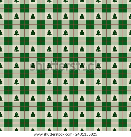 Green Christmas plaid seamless pattern with Christmas tree. Cozy winter checkered repeat background. Vector winter time traditional flannel design, Scottish ornament, check, tartan print, wallpaper.