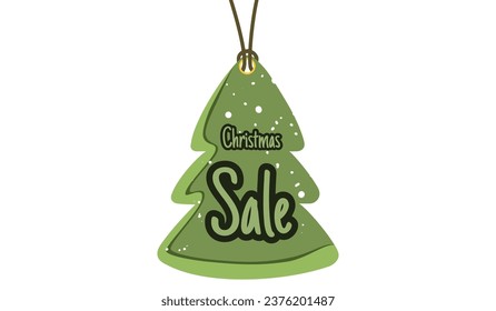 Green Christmas sale price tag in the shape of a pine tree.label and snow hand drawn elements hanging with offer discount text for new year shopping holiday