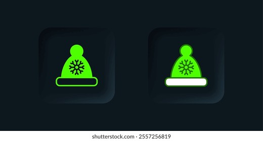 Green Christmas Santa Claus hat icon isolated on black background. Merry Christmas and Happy New Year. Black square button. Vector