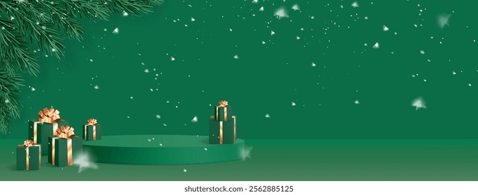 Green Christmas scene with circular podium - decorated presents with golden ribbons, fir branches in corner and falling snowflakes. Winter holiday product showcase or seasonal retail displays.