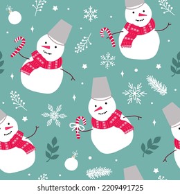 Green Christmas seamless pattern of cute snowmen and snowflakes. Modern simple flat vector illustration.