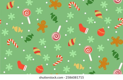 Green Christmas seamless pattern. Ginger bread , sock, candy cane, lollypop on green background, New year pattern for wrapping paper, fabric, card