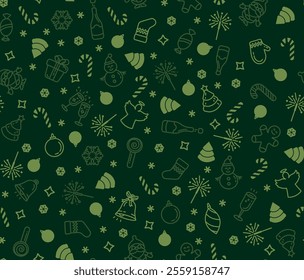 Green Christmas seamless pattern. Christmas green icons on green background.