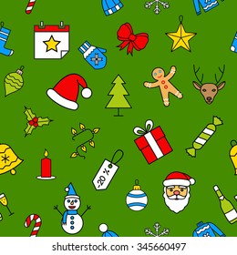 Green Christmas seamless pattern made with outline icons in flat style. Abstract backgrounds. Backdrop mobile smart phone tablet desktop wallpaper banner web design element scrap booking textile