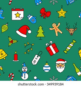 Green Christmas seamless pattern made with outline icons in flat style. Abstract backgrounds. Backdrop mobile smart phone tablet desktop wallpaper banner web design element scrap booking textile