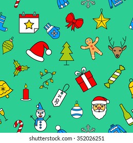 Green Christmas seamless pattern made with outline icons in flat style. Abstract backgrounds. Backdrop mobile smart phone tablet desktop wallpaper banner web design element scrap booking textile