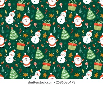 Green Christmas seamless pattern. Santa, Snowman, Christmas tree, gift on green background, New year pattern for wrapping paper, fabric, card