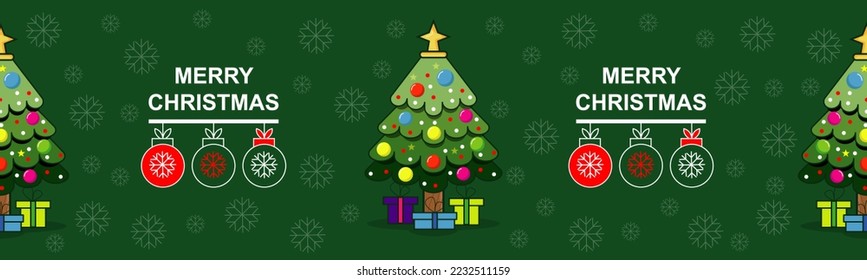 Green Christmas Seamless Pattern with Christmas tree, Christmas balls, gifts, gingerbread, candle and ornaments.