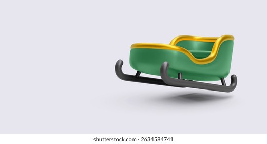 Green Christmas Sleigh With Gold Details And Black Runners In Minimal 3D Style, Floating On Light Background, Perfect For Holiday, Winter, And Festive Themes. Vector Illustration