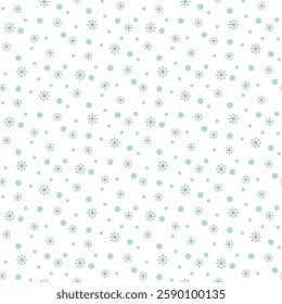 Green Christmas snowflake, snow on white background seamless pattern.