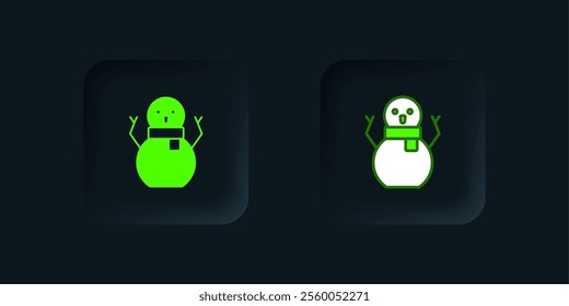 Green Christmas snowman icon isolated on black background. Merry Christmas and Happy New Year. Black square button. Vector