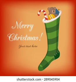 Green Christmas sock, Christmas Candy Cane, Ball, Bear and Christmas gift. Vector Illustration.