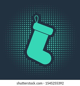 Green Christmas sock icon isolated on blue background. Abstract circle random dots. Vector Illustration