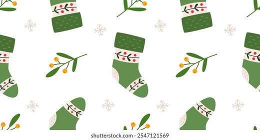 Green Christmas socks seamless pattern. Christmas stockings pattern. Flat vector illustration on white background.