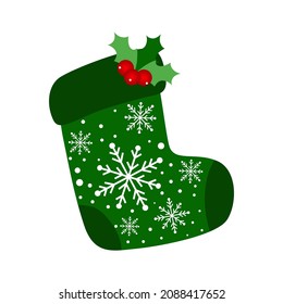 Green christmas socks with snowflakes and mistletoe on a white background | Vector illustration | All isolated layers are suitable for cards, posters, scrapbooks.