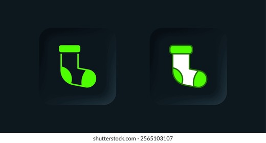 Green Christmas stocking icon isolated on black background. Merry Christmas and Happy New Year. Black square button. Vector