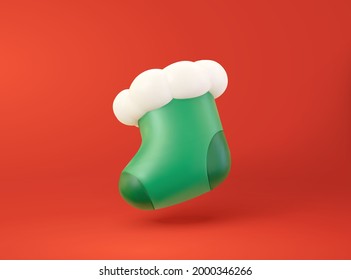 Green Christmas Stocking Isolated On Red Background, 3D Illustration.