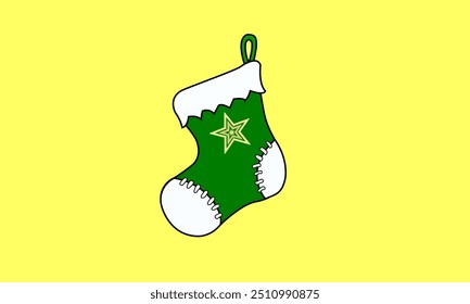 Green Christmas stocking with white fur isolated cutout on yellow background. 