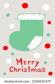 Green christmas stockings with snowflake. Merry Christmas and Happy New Year greeting card and posters in Trendy Colors. Winter holiday vector illustration.