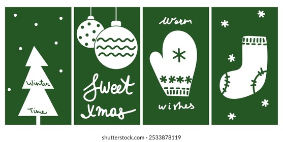 Green Christmas Story with Ornaments, Mittens, and Warm Wishes