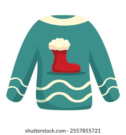 Green christmas sweater featuring a red stocking with white trim, perfect for holiday festivities