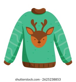 Green christmas sweater featuring a smiling reindeer