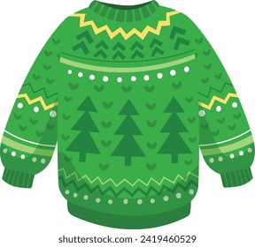 Suéter verde de Navidad con estampado festivo, ropa de vacaciones de invierno. Saltador de punto con diseño de árbol y corazón, ropa de temporada acogedora.