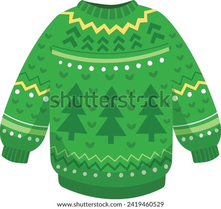 Green Christmas sweater with festive pattern, winter holiday clothing. Knitted jumper with tree and heart design, cozy seasonal apparel.