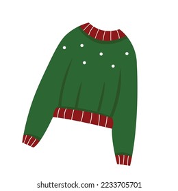 Green Christmas sweater with red decorations isolated. Flat vector illustration of woolen knitted sweatshirt.