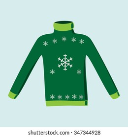 Green Christmas sweater with snowflakes isolated on light blue background. EPS 8 vector illustration, no transparency