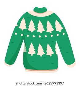 Green christmas sweater with a white christmas tree and snowflake pattern, perfect for holiday festivities