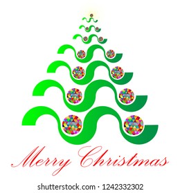 A green Christmas tree in abstract modern style with multicolor balls ornaments.  Vector illustration, EPS10. White background.