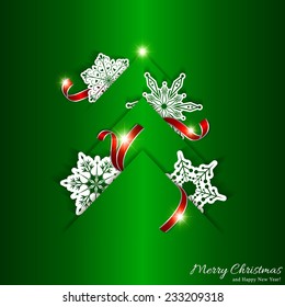 Green Christmas Tree Background with White Snowflake