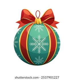 Green Christmas tree ball on white background. Holiday cartoon globe with red bow and snowflake pattern. Vector isolated element