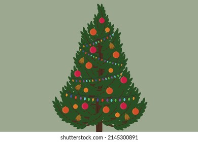 green christmas tree with balls and garland for new year