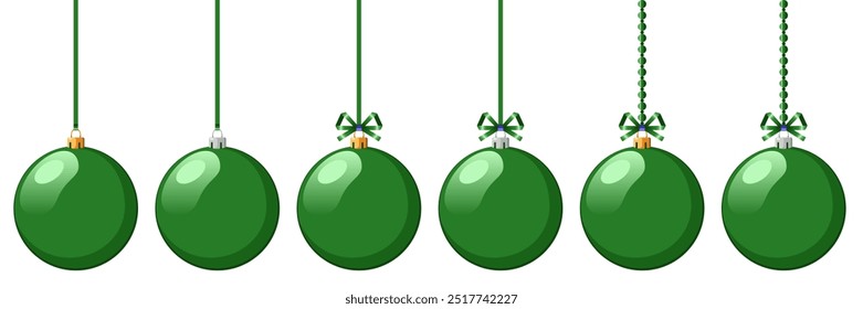 Green Christmas tree balls isolated on white. Green ribbons, bows and beads.